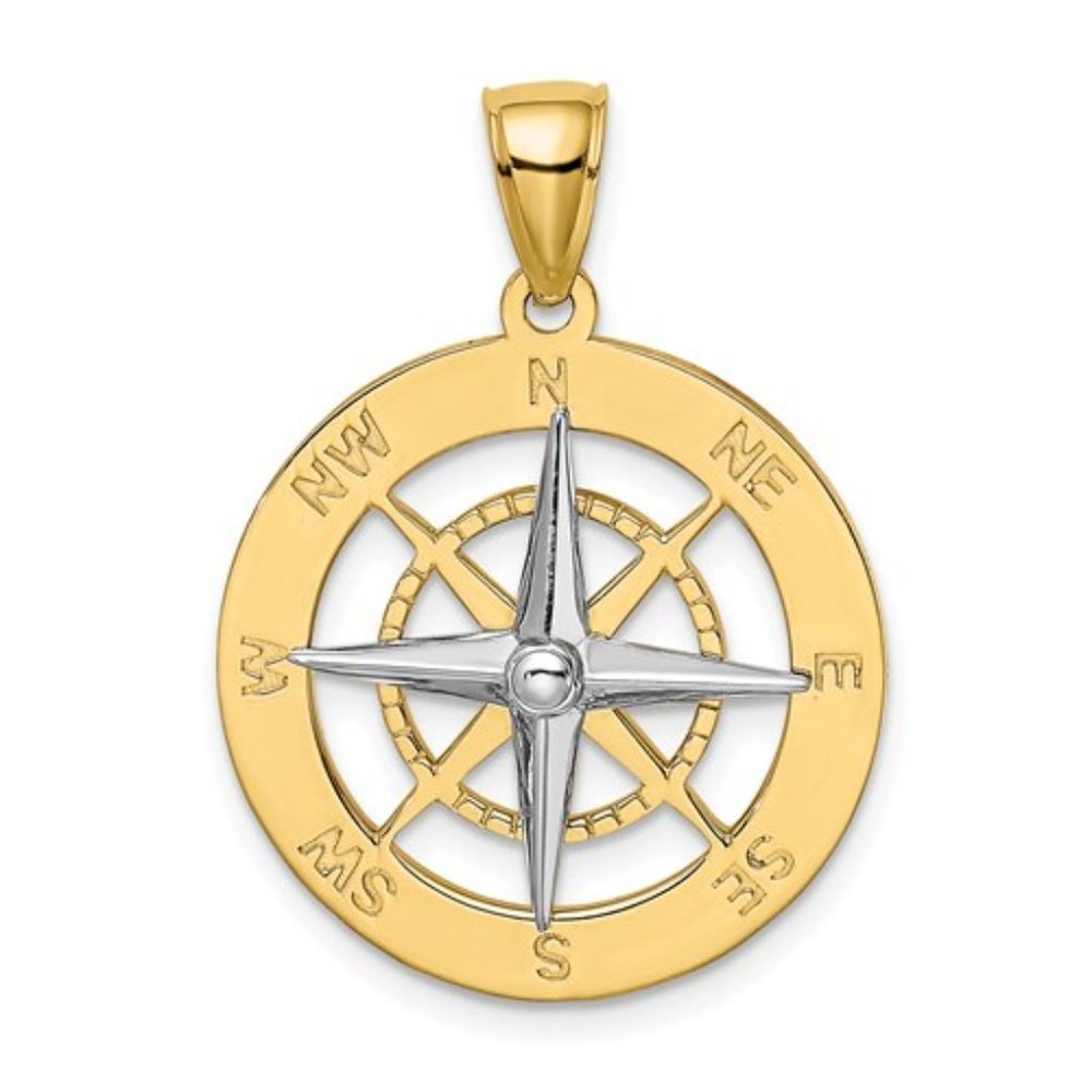 14k Yellow Gold Nautical Compass w/ White Rhodium Needle Necklace Charm Pendant